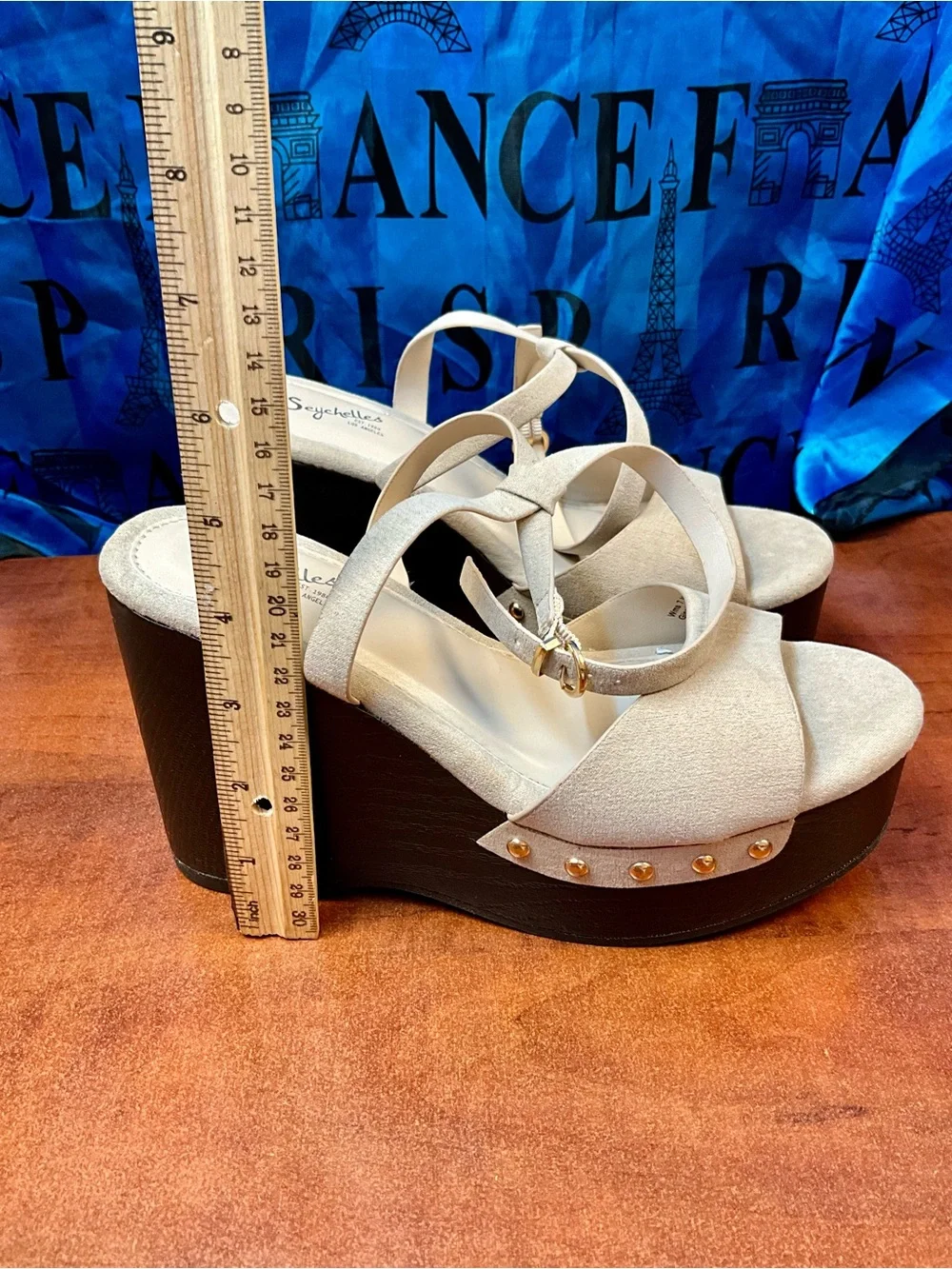 Seychelles Cream Strappy Wedge Sandals with Gold Buckle